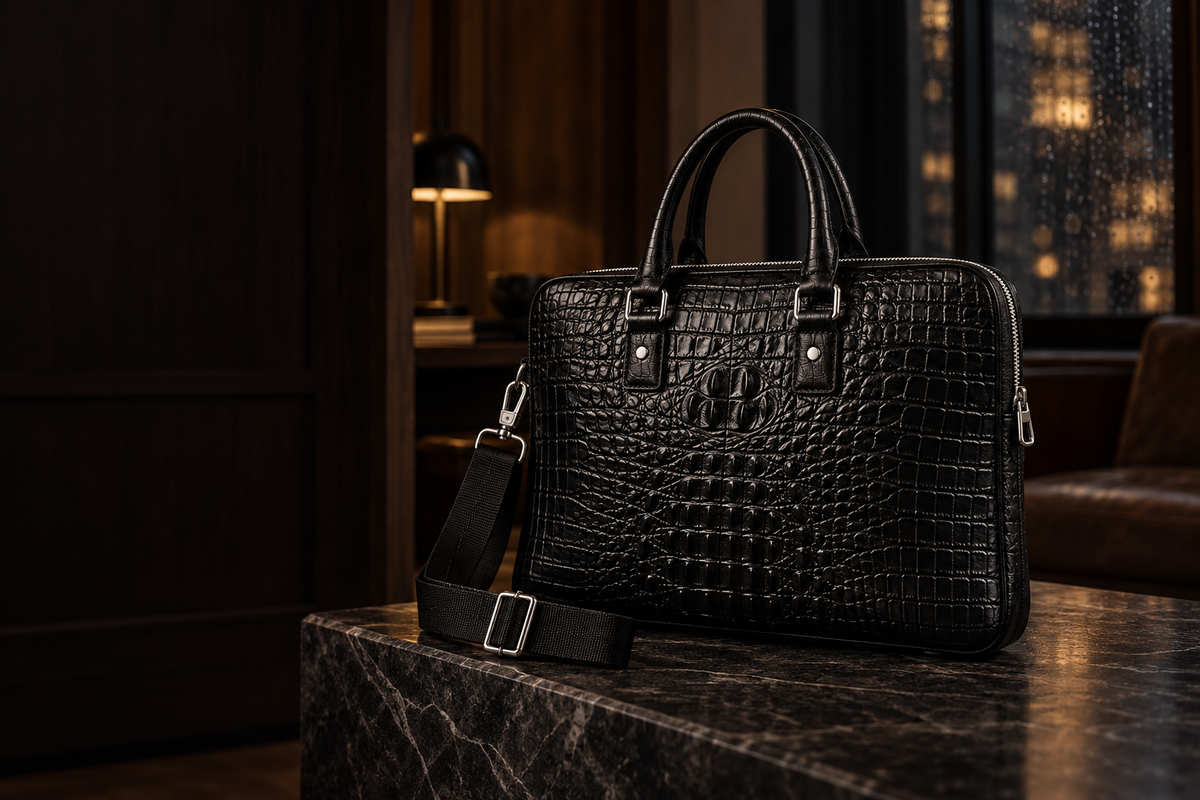 Black textured briefcase on a dark marble table in a softly lit interior editorial campaign