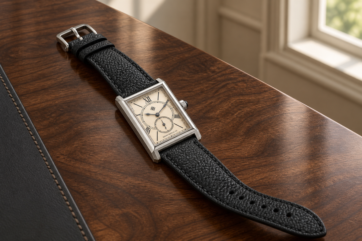 Rectangular champagne dial watch resting on a polished walnut desk editorial campaign