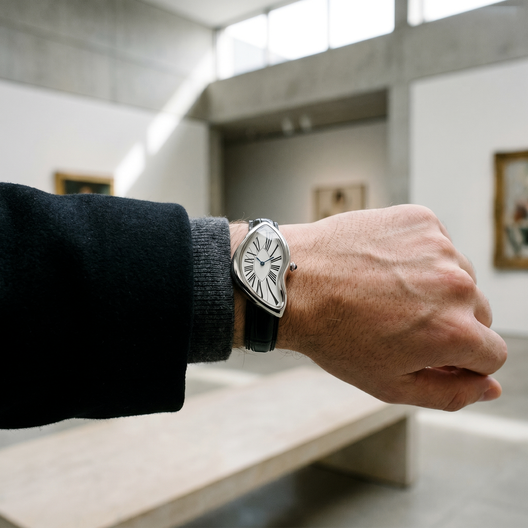 Silver Ombré Noir watch worn with a dark wool sleeve in a gallery setting