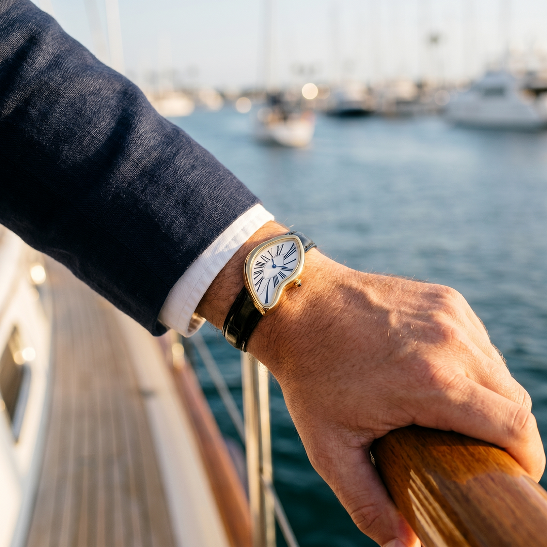 Gold Ombré Noir watch worn on a yacht in daylight