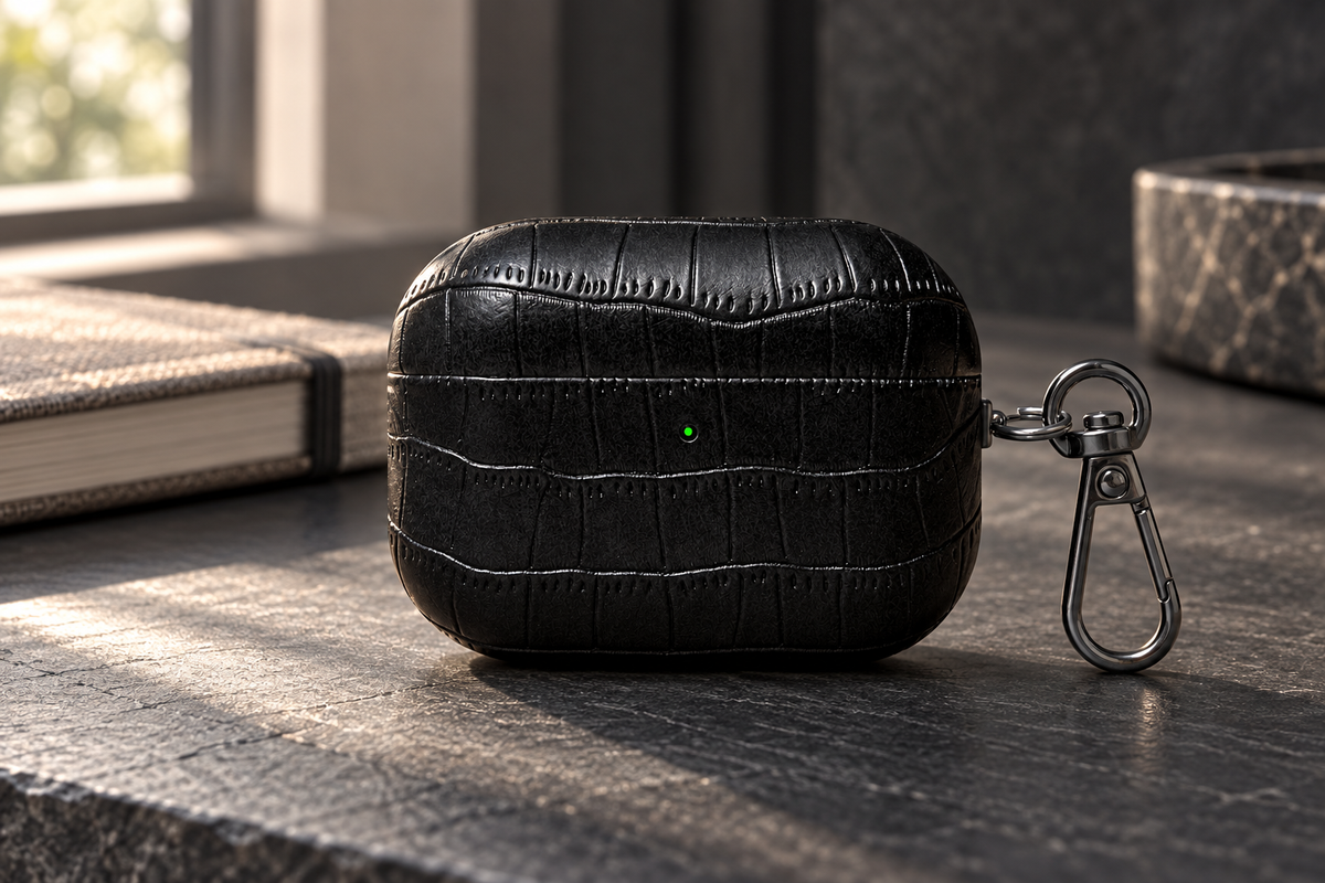 Textured device case on a warm stone display editorial campaign