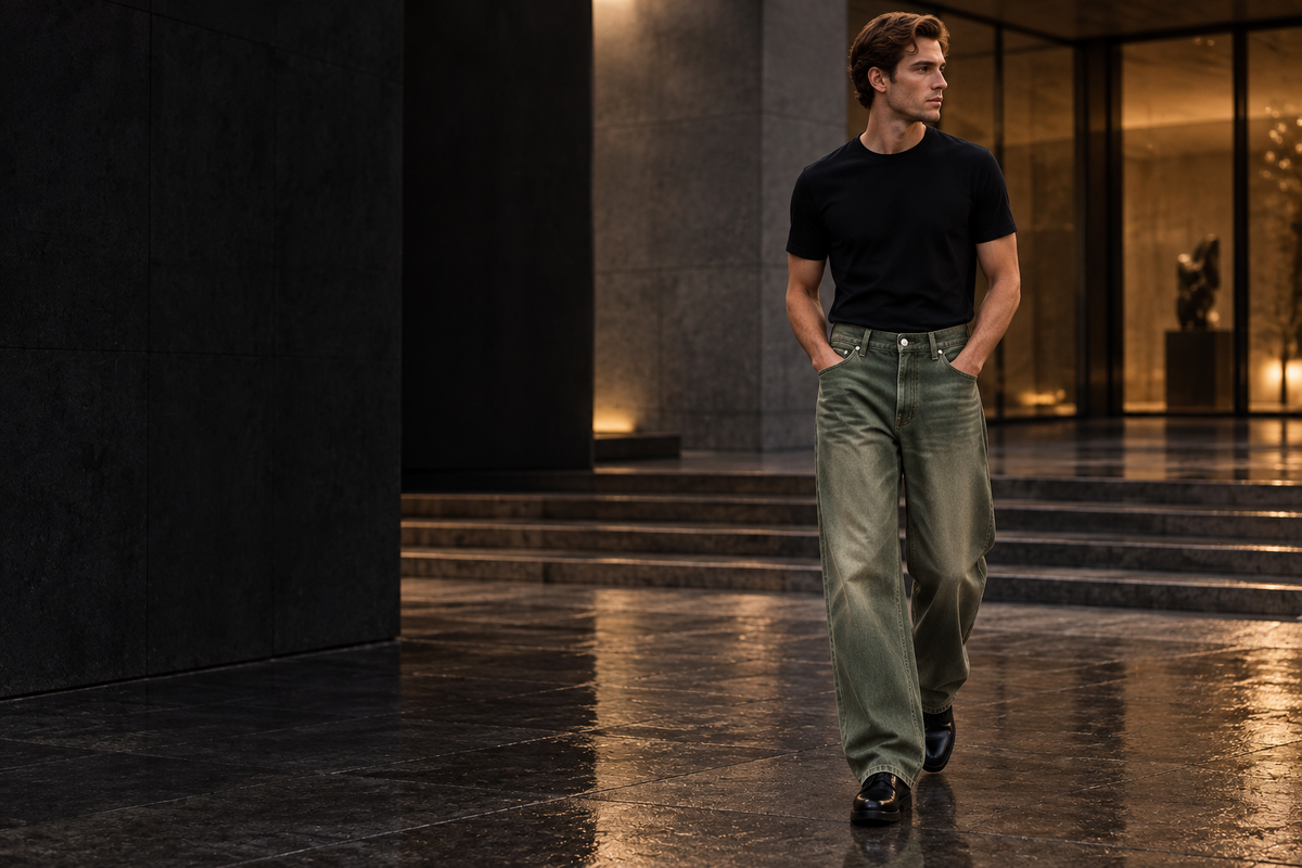 Model wearing washed green wide-leg jeans beside warm stone architecture editorial campaign
