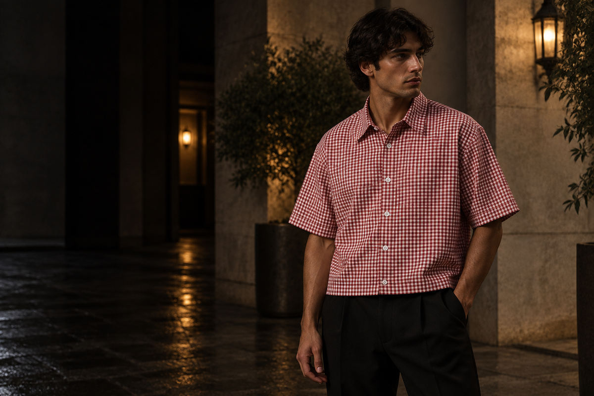 Model wearing a red and white gingham short sleeve shirt in a stone courtyard editorial campaign