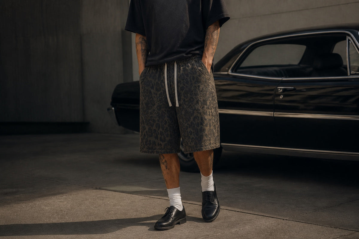 Model wearing the Prowler Leopard Denim Shorts editorial campaign