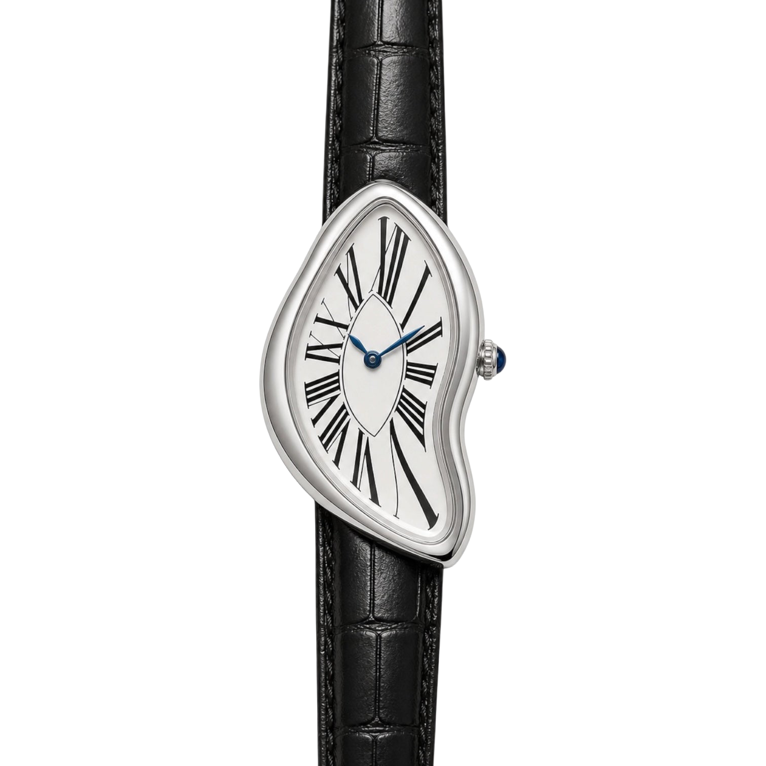 Front view of Melting Watch Silver with a white Roman numeral dial and black textured strap