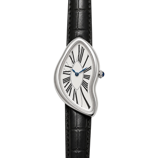 Front view of Melting Watch Silver with a white Roman numeral dial and black textured strap