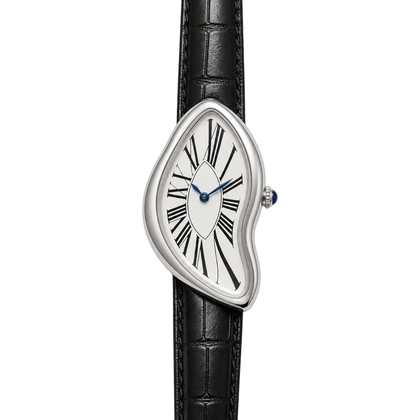 Front view of Melting Watch Silver with a white Roman numeral dial and black textured strap