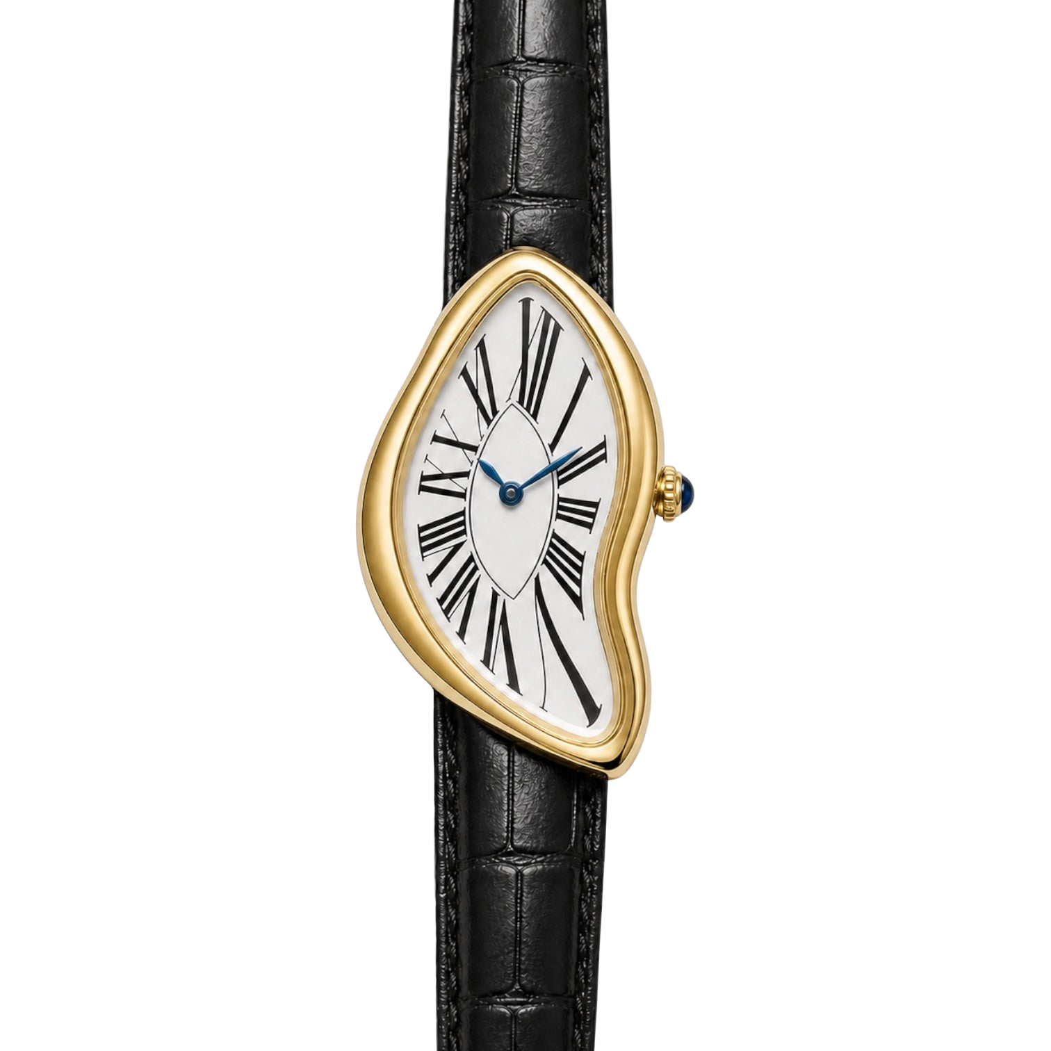 Front view of Melting Watch Gold with a white Roman numeral dial and black textured strap