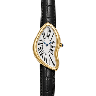 Front view of Melting Watch Gold with a white Roman numeral dial and black textured strap