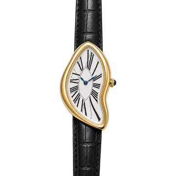 Front view of Melting Watch Gold with a white Roman numeral dial and black textured strap