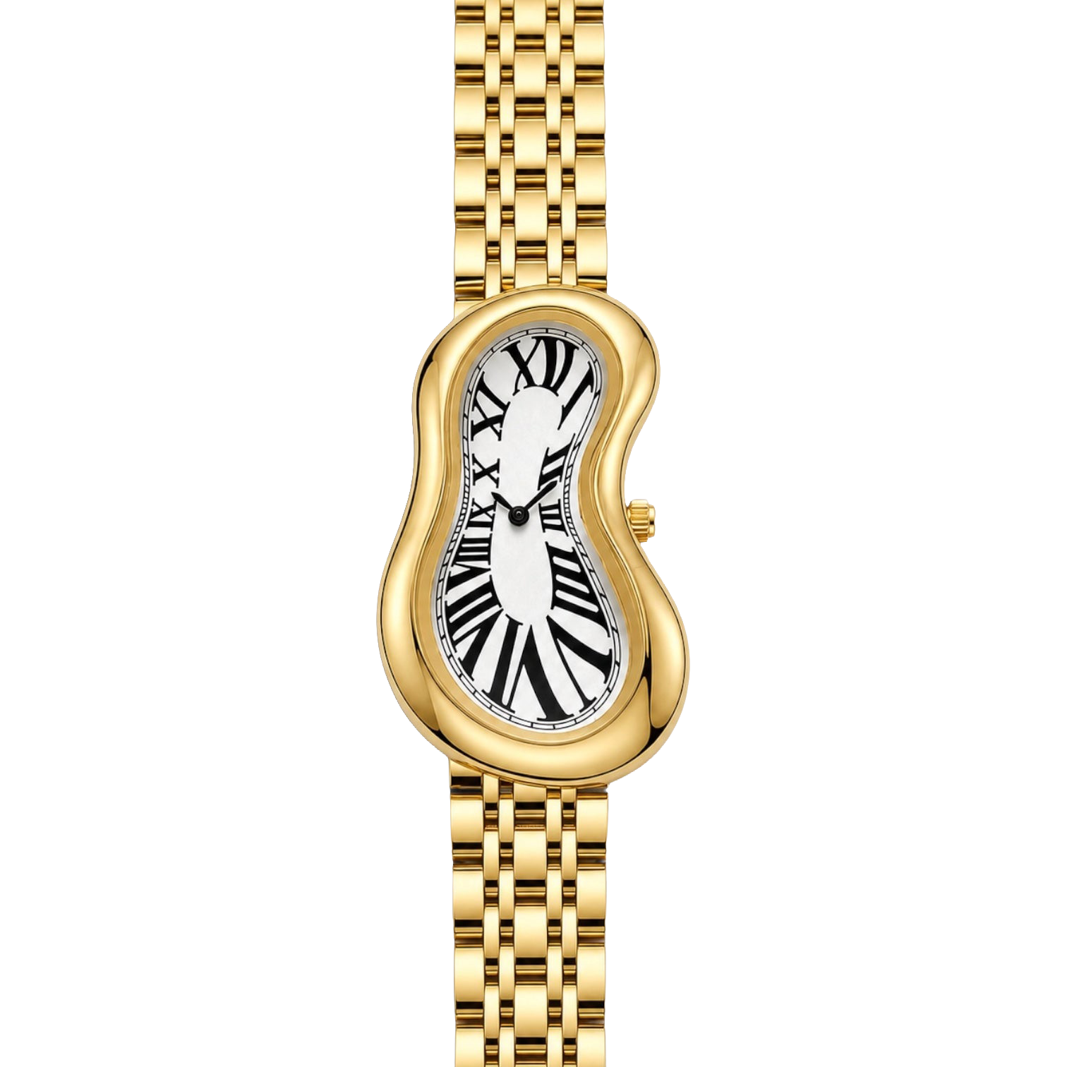 Front view of Warped Watch Jubilee Gold with a white Roman numeral dial and gold-tone link bracelet