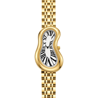 Front view of Warped Watch Jubilee Gold with a white Roman numeral dial and gold-tone link bracelet