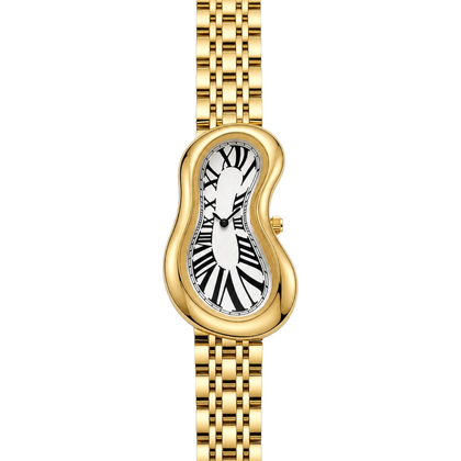 Front view of Warped Watch Jubilee Gold with a white Roman numeral dial and gold-tone link bracelet