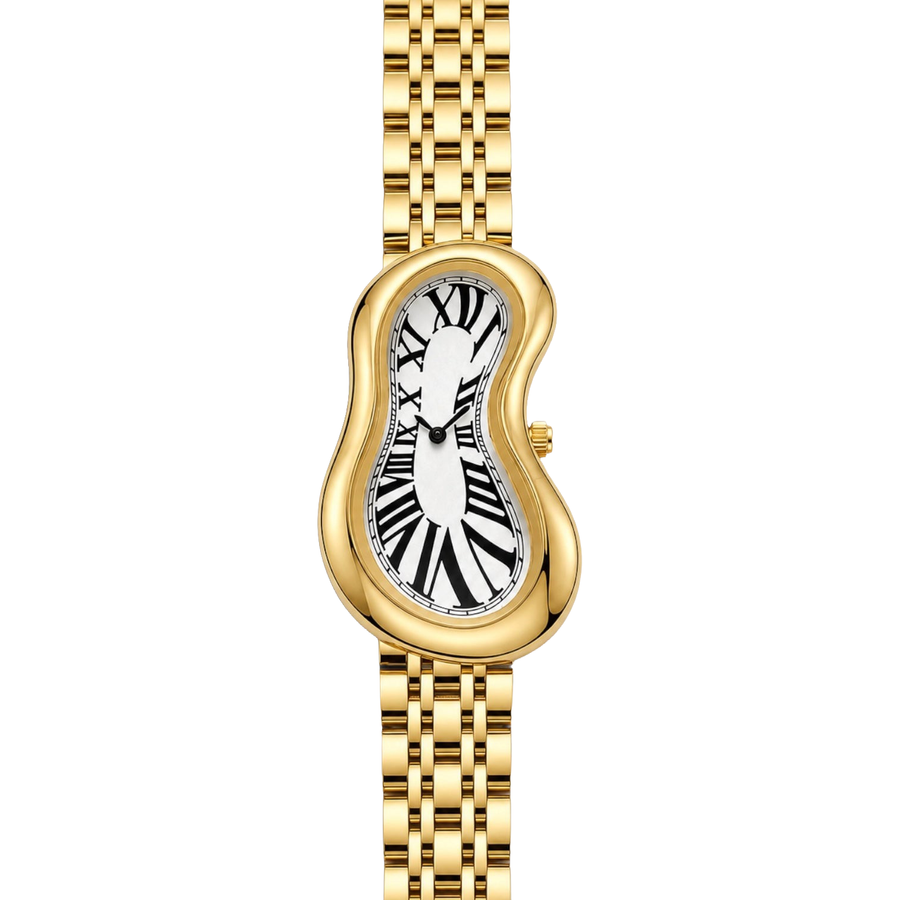 Front view of Warped Watch Jubilee Gold with a white Roman numeral dial and gold-tone link bracelet