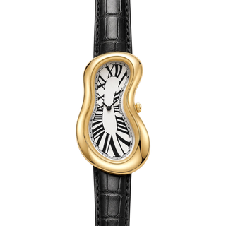 Front view of Warped Watch Gold with a white Roman numeral dial and black textured strap