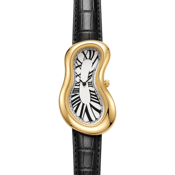 Front view of Warped Watch Gold with a white Roman numeral dial and black textured strap