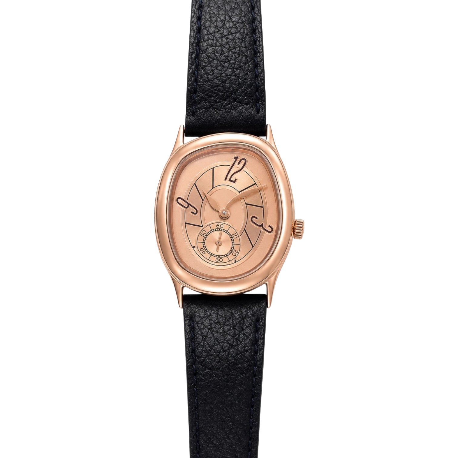 Front view of Reverie Rose Gold watch with a rose-toned dial and black textured strap
