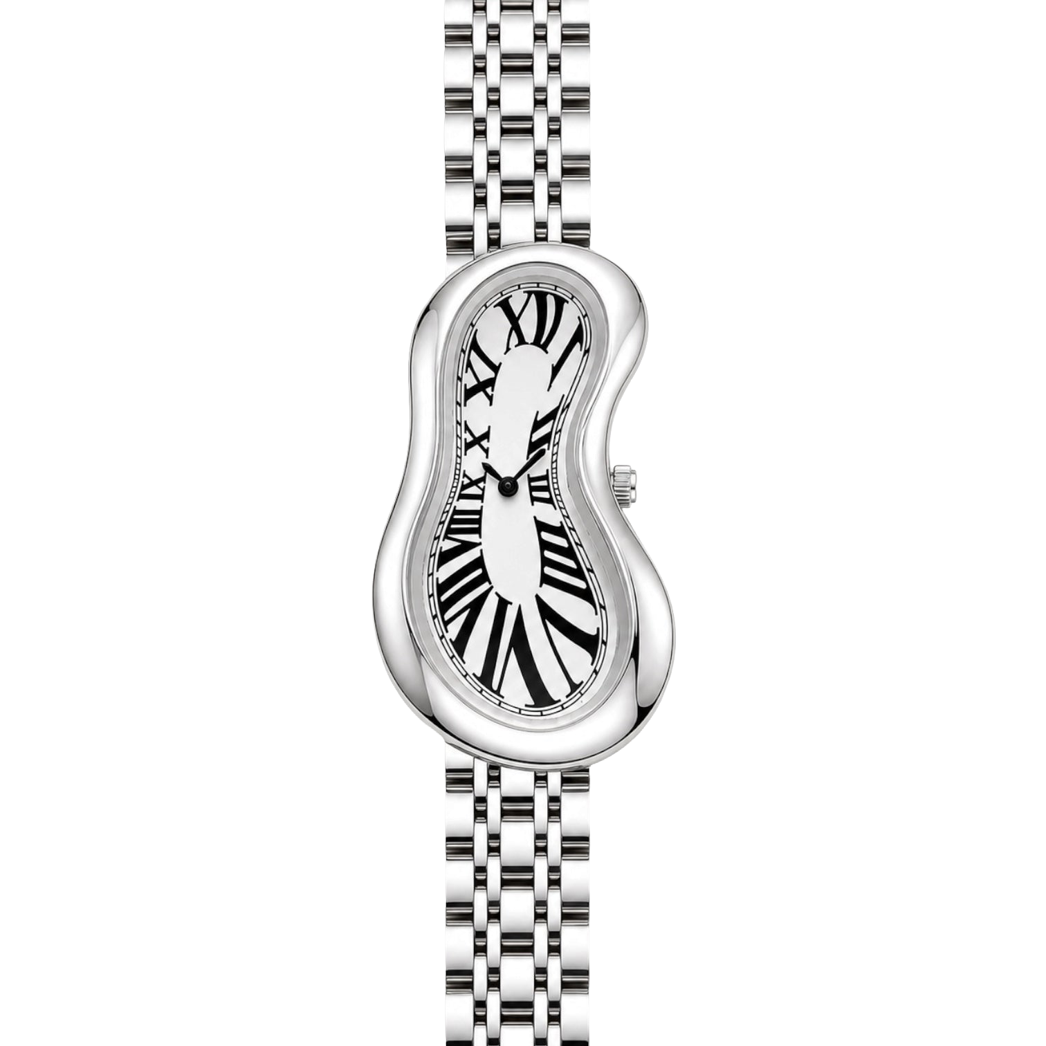 Front view of Warped Watch Jubilee Silver with a white Roman numeral dial and silver-tone link bracelet