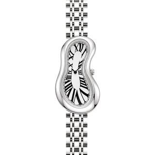 Front view of Warped Watch Jubilee Silver with a white Roman numeral dial and silver-tone link bracelet