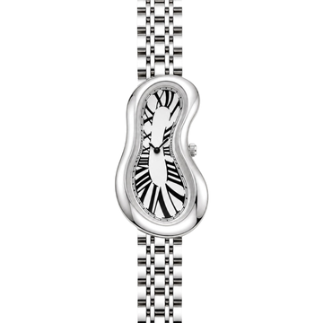 Front view of Warped Watch Jubilee Silver with a white Roman numeral dial and silver-tone link bracelet