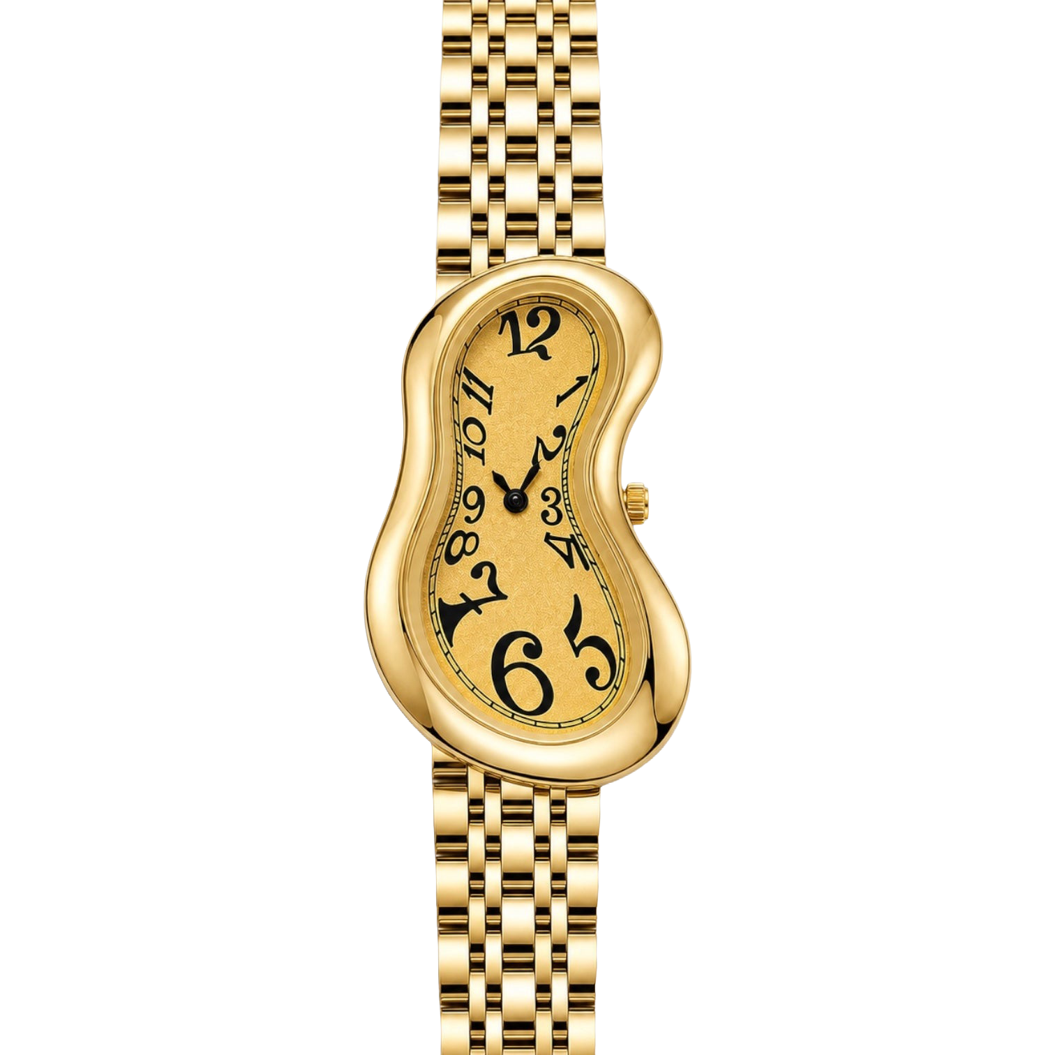Front view of Warped Watch Jubilee Yellow with a yellow dial, irregular black numerals, and gold-tone link bracelet