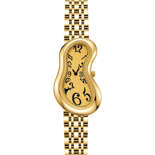 Front view of Warped Watch Jubilee Yellow with a yellow dial, irregular black numerals, and gold-tone link bracelet