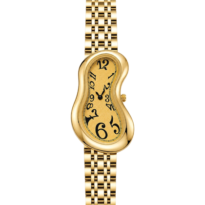 Front view of Warped Watch Jubilee Yellow with a yellow dial, irregular black numerals, and gold-tone link bracelet