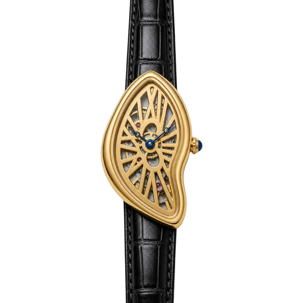 Front view of Phantom Gold watch with an openworked dial and black textured strap