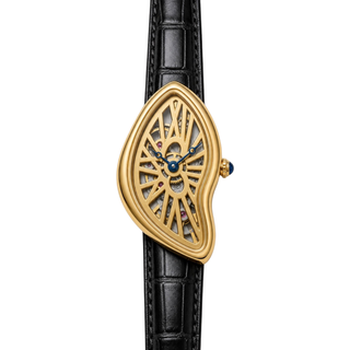 Front view of Phantom Gold watch with an openworked dial and black textured strap