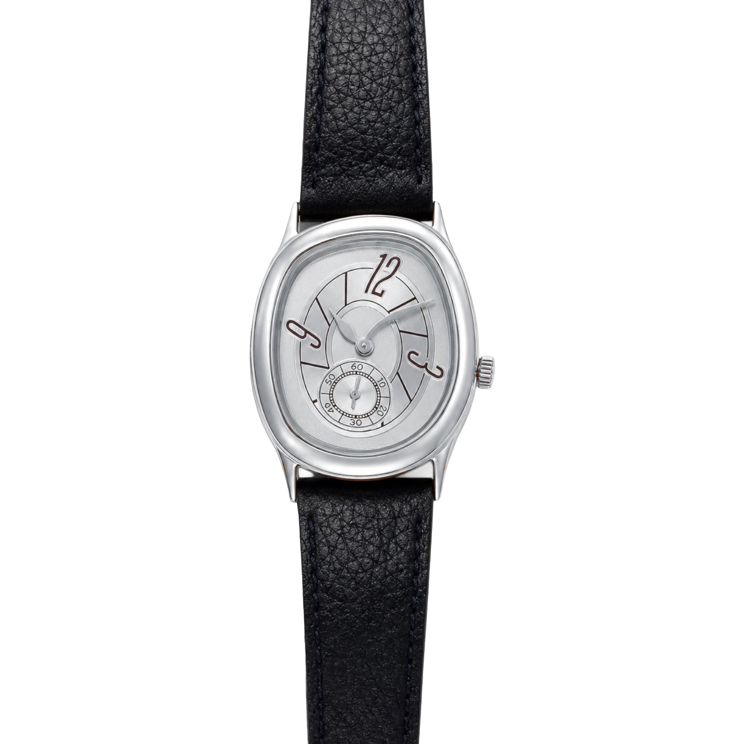 Front view of Reverie Silver watch with a white dial and black textured strap