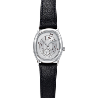 Front view of Reverie Silver watch with a white dial and black textured strap