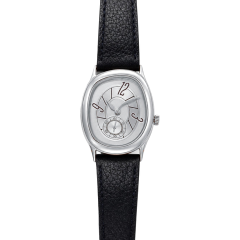 Front view of Reverie Silver watch with a white dial and black textured strap