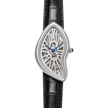 Front view of Phantom Silver watch with an openworked dial and black textured strap