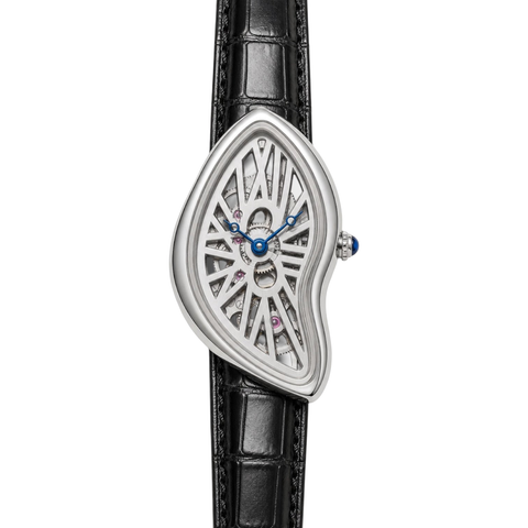 Front view of Phantom Silver watch with an openworked dial and black textured strap