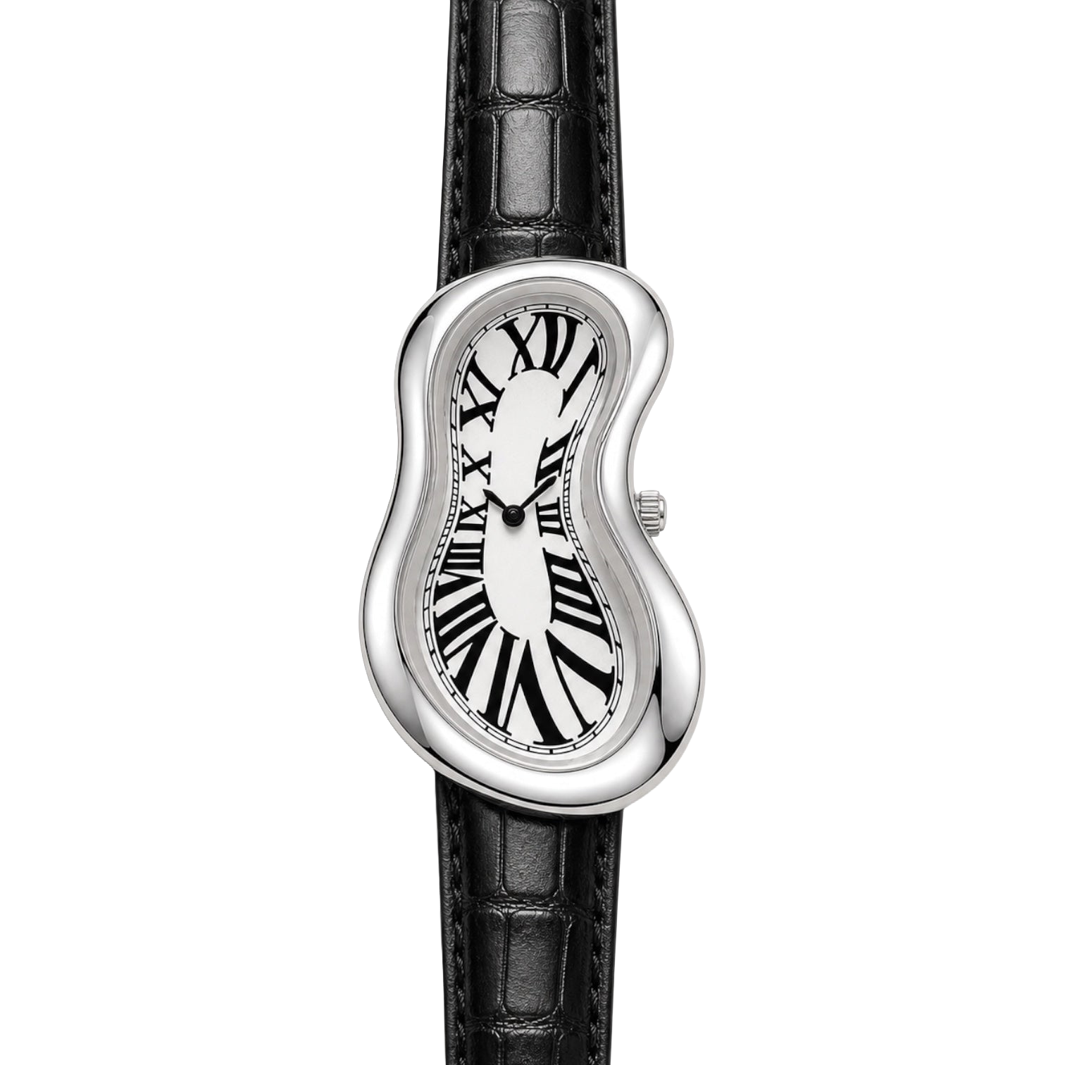 Front view of Warped Watch Silver with a white Roman numeral dial and black textured strap