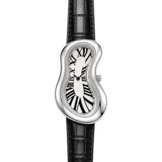 Front view of Warped Watch Silver with a white Roman numeral dial and black textured strap