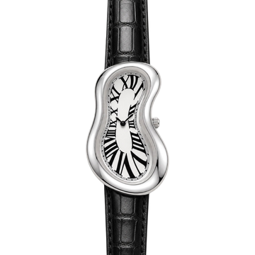Front view of Warped Watch Silver with a white Roman numeral dial and black textured strap