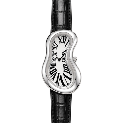 Front view of Warped Watch Silver with a white Roman numeral dial and black textured strap
