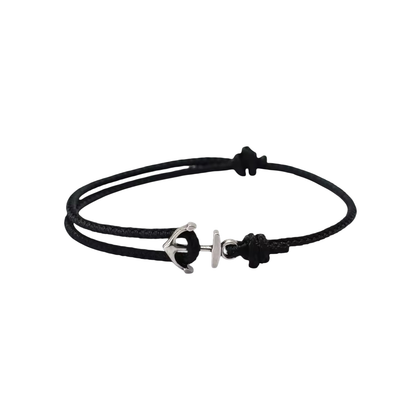 Black cord Old Money Anchor Bracelet with a silver-tone anchor closure