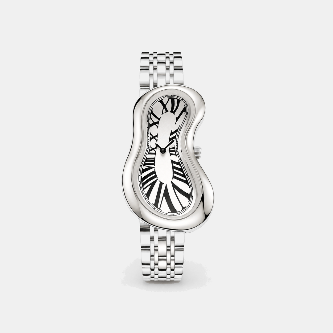 Warped Watch Jubilee Silver front view with white warped Roman numeral dial