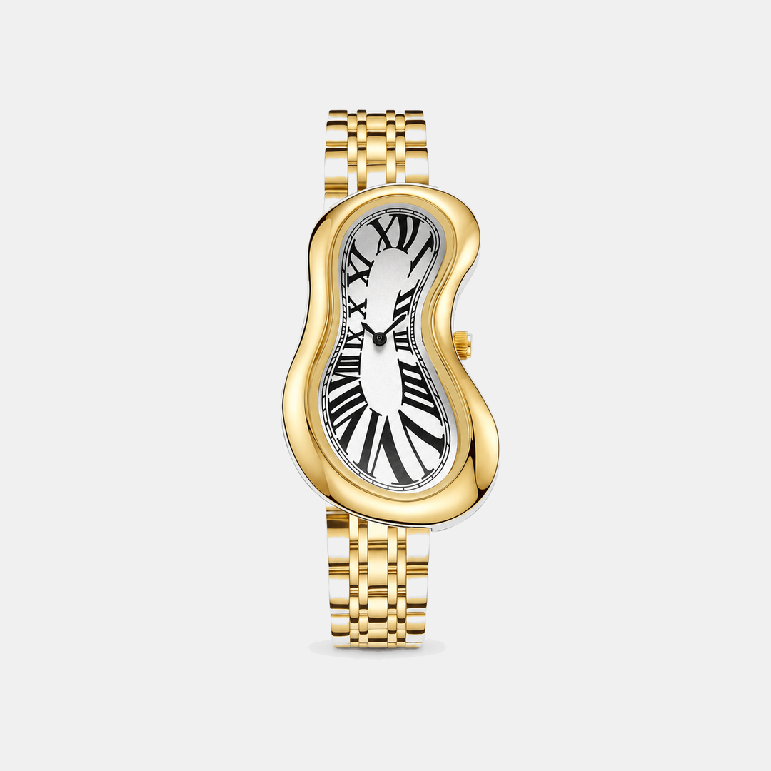Warped Watch Jubilee Gold front view with white warped Roman numeral dial