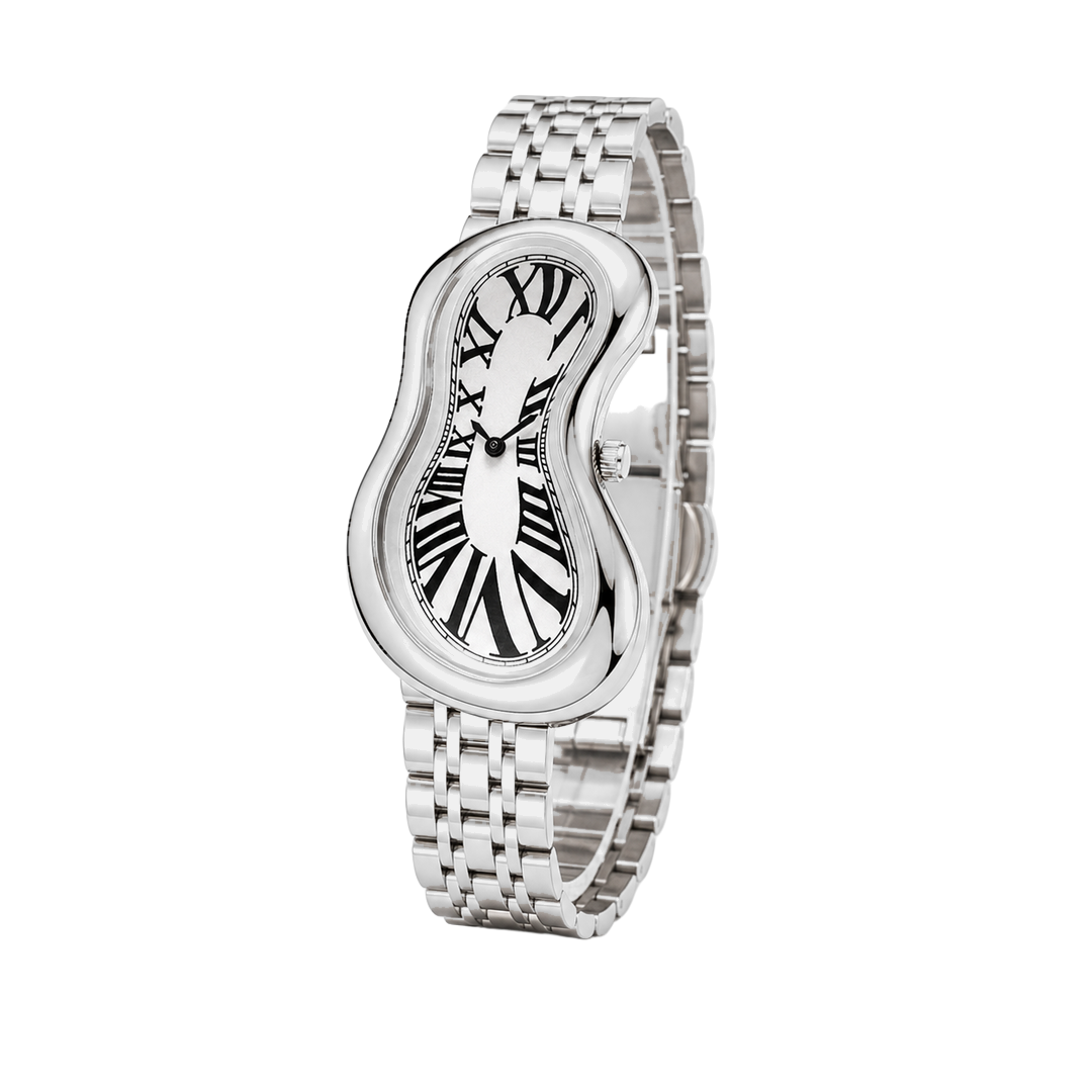 Angled view of Warped Watch Jubilee Silver with a white Roman numeral dial and silver-tone link bracelet