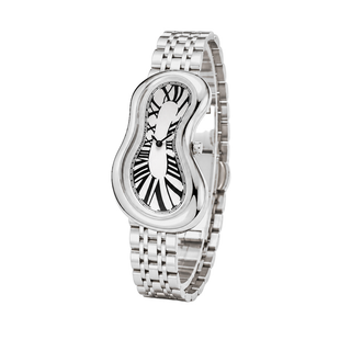 Angled view of Warped Watch Jubilee Silver with a white Roman numeral dial and silver-tone link bracelet