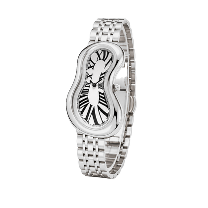 Angled view of Warped Watch Jubilee Silver with a white Roman numeral dial and silver-tone link bracelet