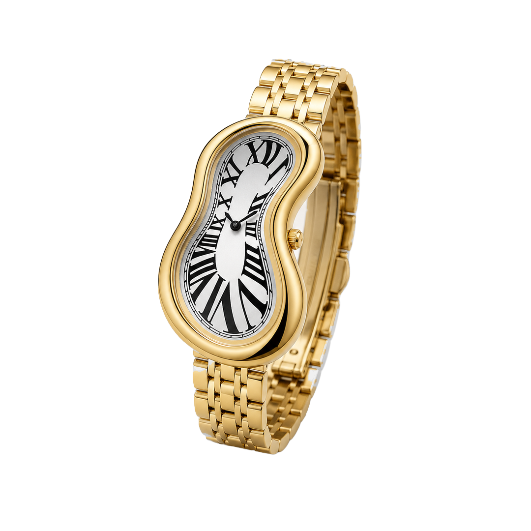 Angled view of Warped Watch Jubilee Gold with a white Roman numeral dial and gold-tone link bracelet