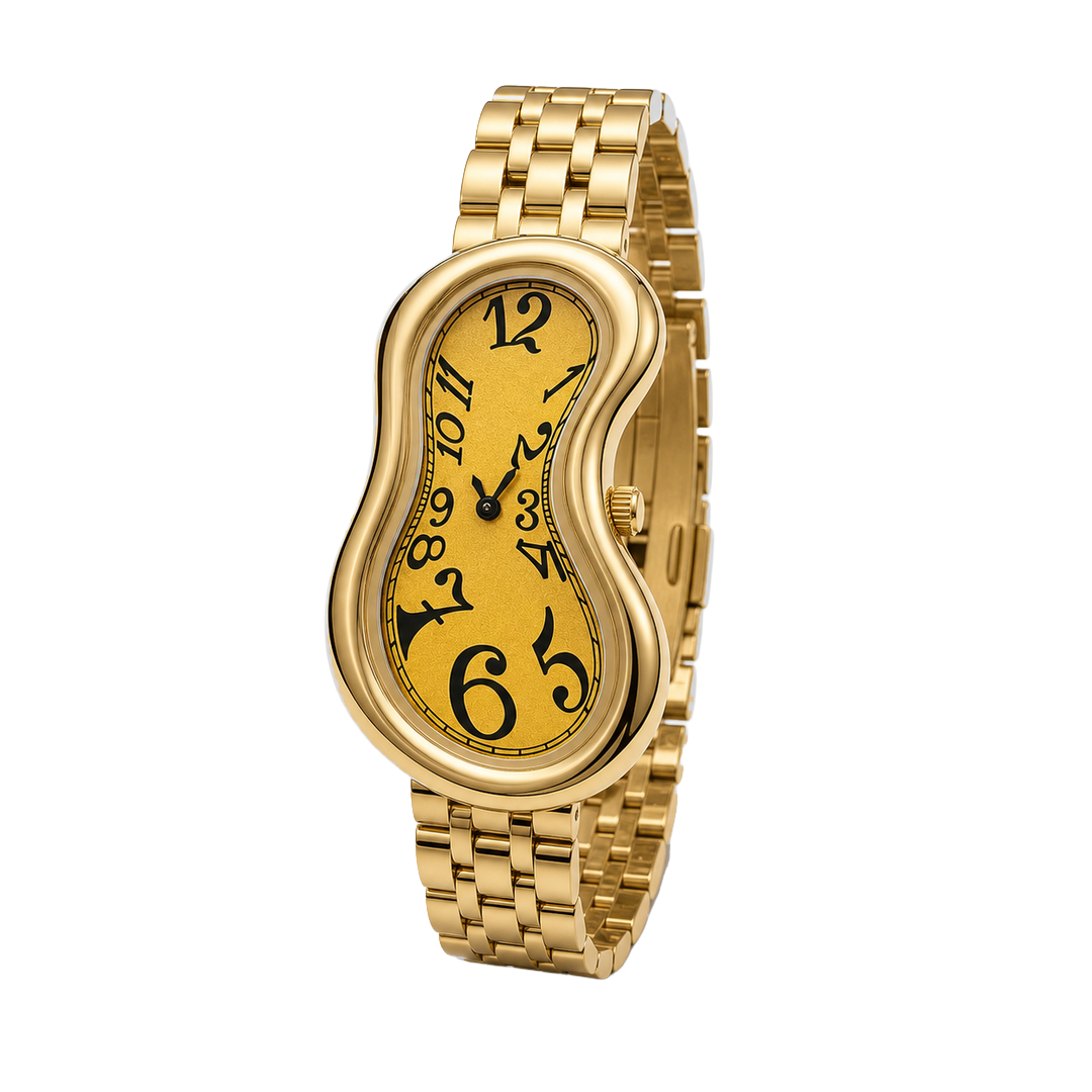 Angled view of Warped Watch Jubilee Yellow with a yellow dial, irregular black numerals, and gold-tone link bracelet
