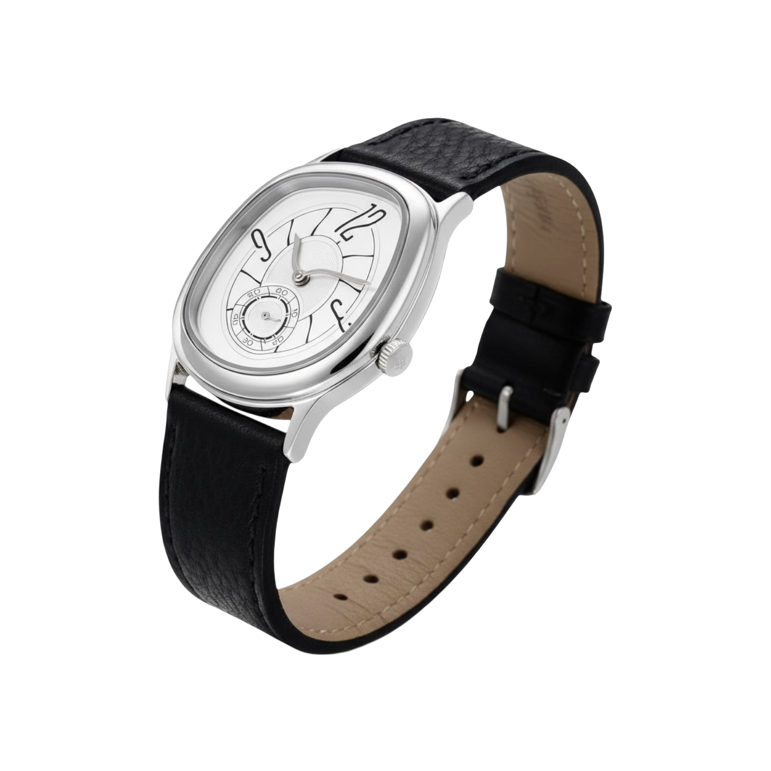 Angled view of Reverie Silver watch with its rounded case and open black strap