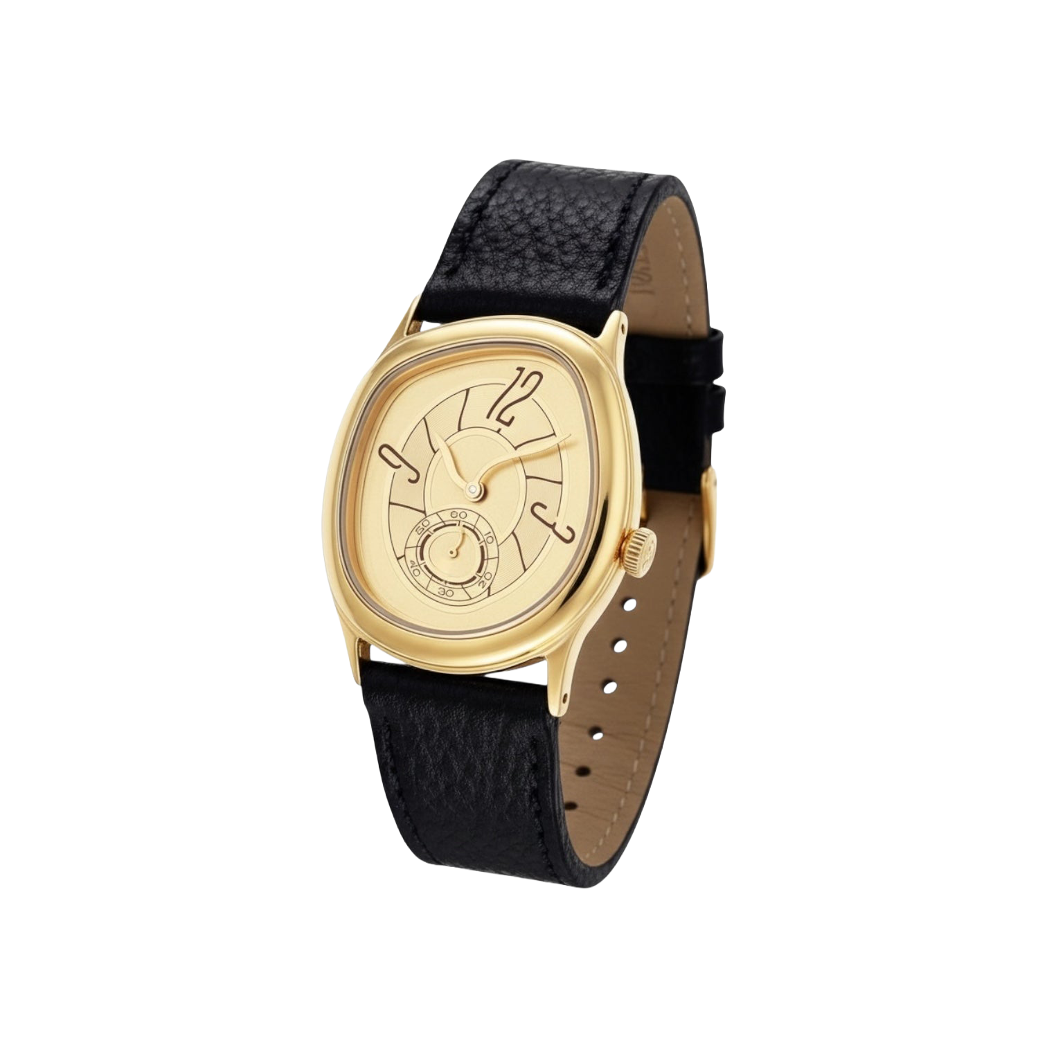 Angled view of Reverie Gold watch with its rounded case and open black strap