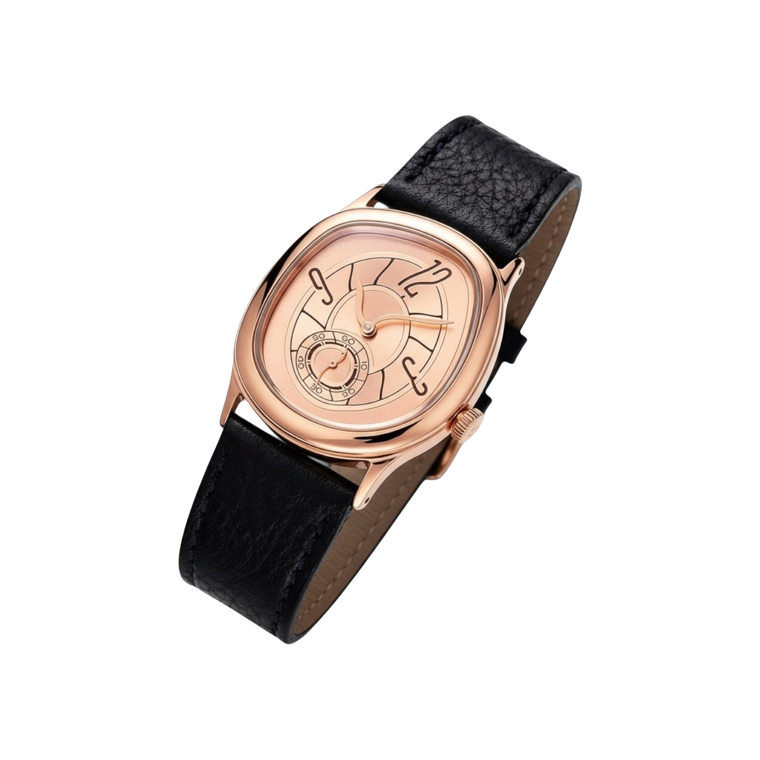 Angled view of Reverie Rose Gold watch with its rounded case and open black strap