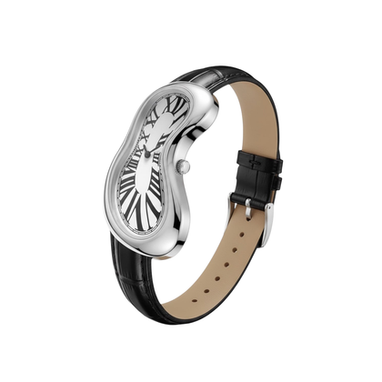 Angled view of Warped Watch Silver with its wavy case and open black strap